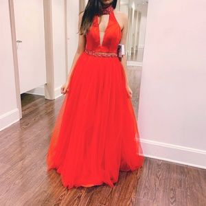 Two Piece Red Tulle Prom Dress